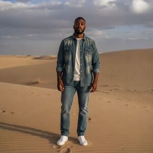 ROIWHQ Mens Denim Western Shirt Blue Distressed Long Sleeve Pearl Snap XL